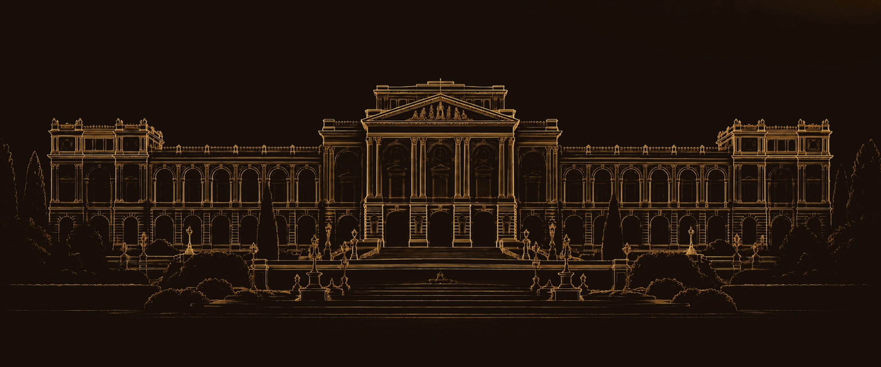 Ilustração arquitetônica dourada inspirada no Museu do Ipiranga